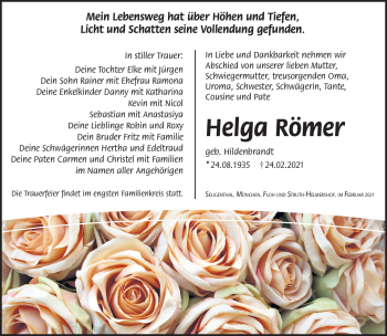 Traueranzeige von Helga Römer von Südthüringer Presse