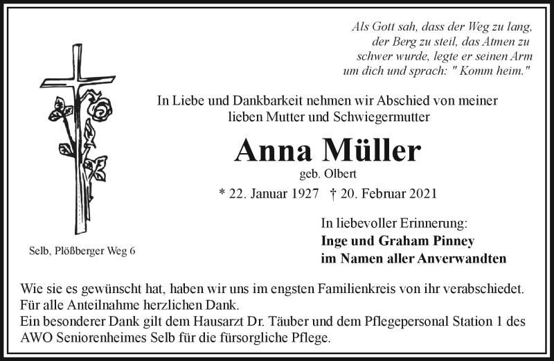  Traueranzeige für Anna Müller vom 27.02.2021 aus Frankenpost
