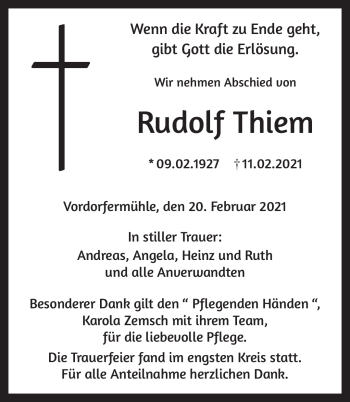 Traueranzeige von Rudolf Thiem von Frankenpost