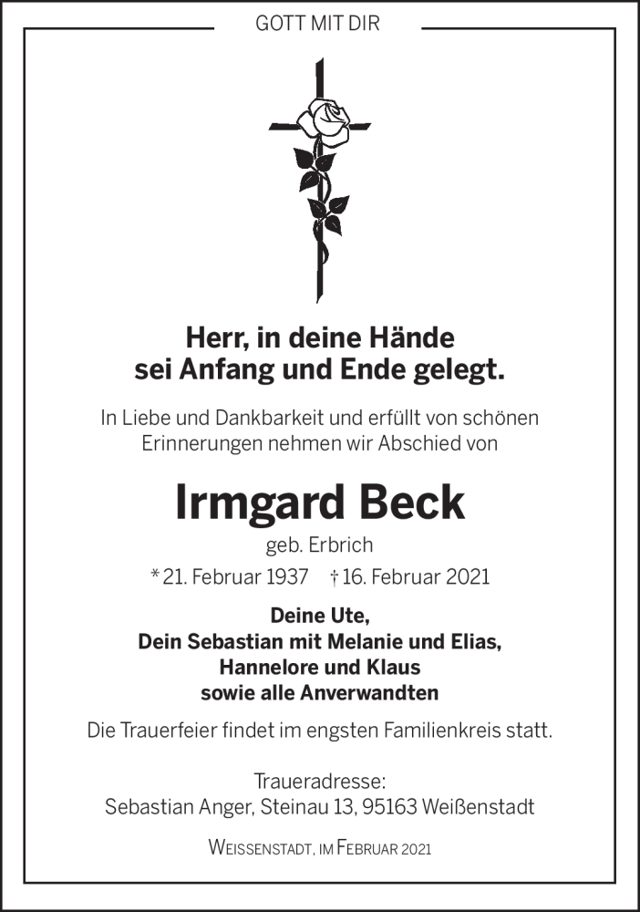  Traueranzeige für Irmgard Beck vom 17.02.2021 aus Frankenpost