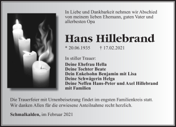 Traueranzeige von Hans Hillebrand von Südthüringer Presse
