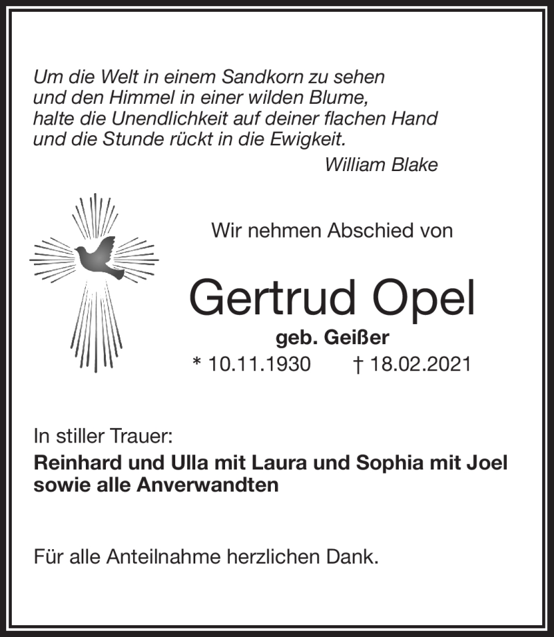  Traueranzeige für Gertrud Opel vom 24.02.2021 aus Frankenpost
