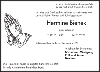Traueranzeige von Hermine Bienek von Frankenpost