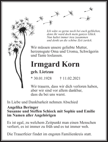 Traueranzeige von Irmgard Korn von Südthüringer Presse