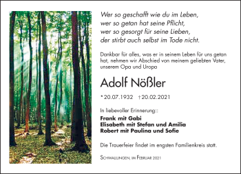 Traueranzeige von Adolf Nößler von Südthüringer Presse