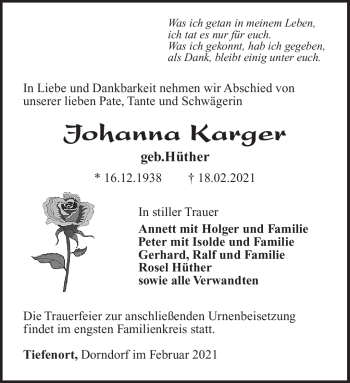 Traueranzeige von Johanna Karger von Südthüringer Presse