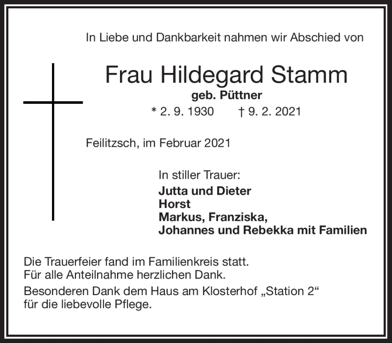  Traueranzeige für Hildegard Stamm vom 23.02.2021 aus Frankenpost