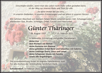 Traueranzeige von Günter Thäringer von Südthüringer Presse
