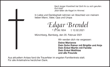 Traueranzeige von Edagr Brendel von Frankenpost
