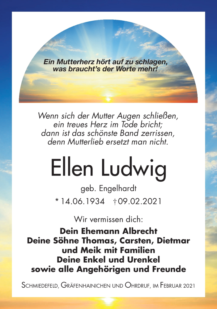  Traueranzeige für Ellen Ludwig vom 20.02.2021 aus Südthüringer Presse