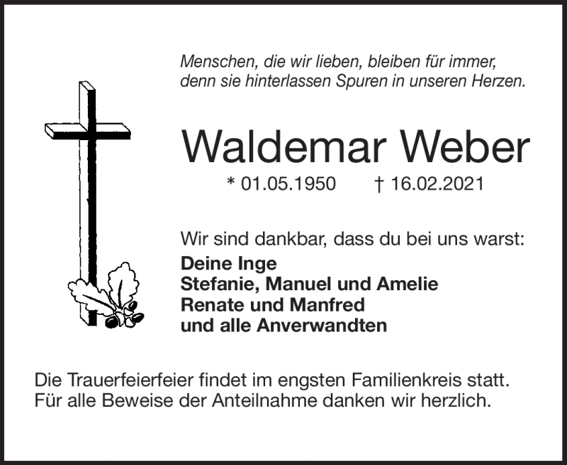  Traueranzeige für Waldemar Weber vom 18.02.2021 aus Frankenpost