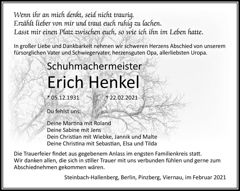  Traueranzeige für Erich Henkel vom 27.02.2021 aus Südthüringer Presse