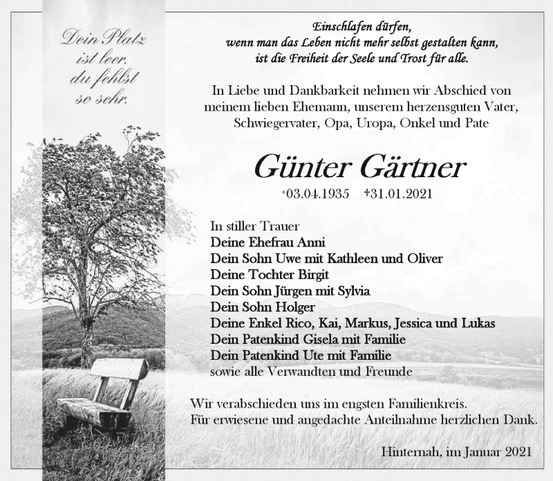 Traueranzeigen von Günter Gärtner frankengedenkt.de
