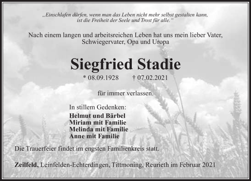  Traueranzeige für Siegfried Stadie vom 20.02.2021 aus Südthüringer Presse