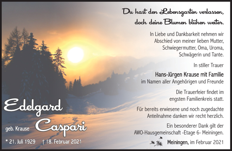  Traueranzeige für Edelgard Caspari vom 24.02.2021 aus Südthüringer Presse