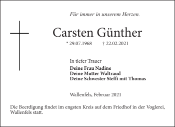 Traueranzeige von Carsten Günther von Neue Presse Coburg