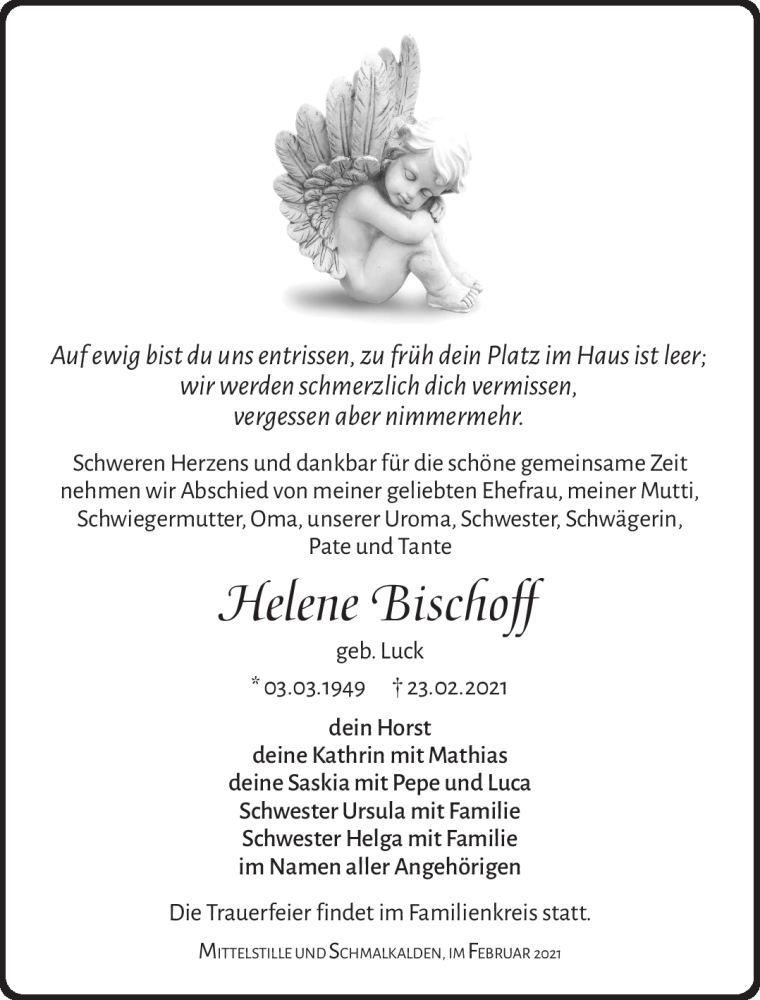  Traueranzeige für Helene Bischoff vom 27.02.2021 aus Südthüringer Presse