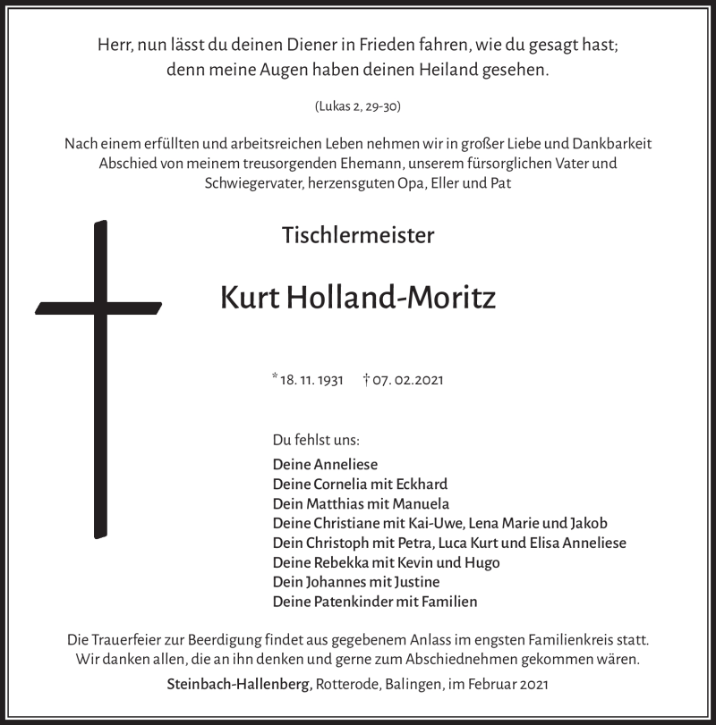  Traueranzeige für Kurt Holland-Moritz vom 13.02.2021 aus Südthüringer Presse
