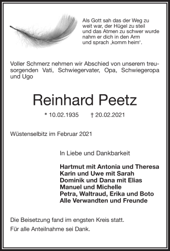 Traueranzeige von Reinhard Peetz von Frankenpost