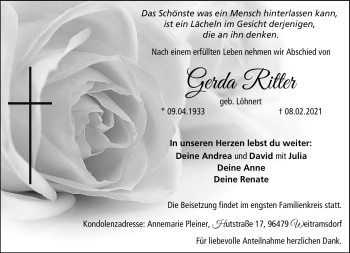 Traueranzeige von Gerda Ritter von Neue Presse Coburg