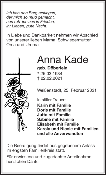 Traueranzeige von Anna Kade von Frankenpost