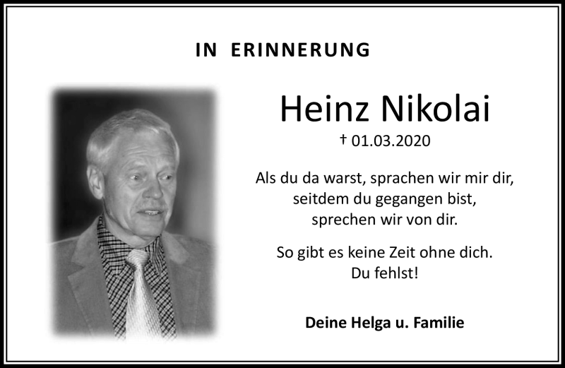  Traueranzeige für Heinz Nikolai vom 27.02.2021 aus Neue Presse Coburg