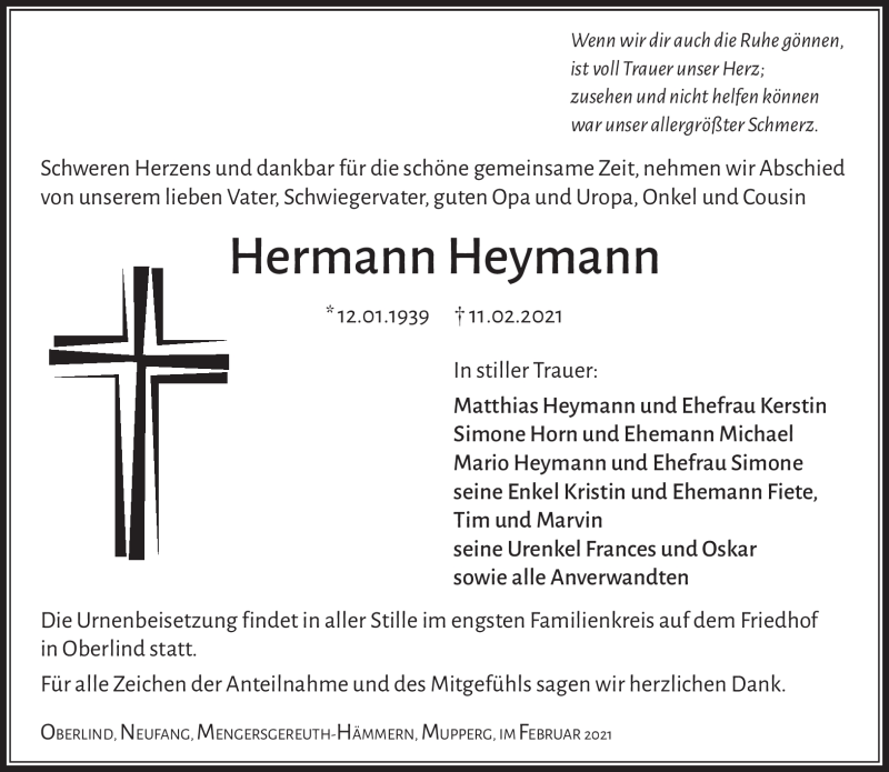  Traueranzeige für Hermann Heymann vom 27.02.2021 aus Südthüringer Presse