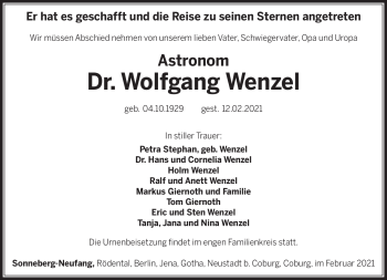 Traueranzeige von Wolfgang Wenzel von Südthüringer Presse