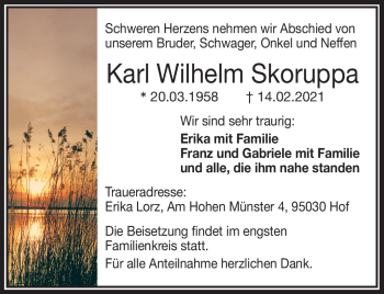 Traueranzeige von Karl Wilhelm Skoruppa von Frankenpost