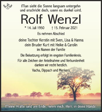 Traueranzeige von Rolf Wenzl von Südthüringer Presse