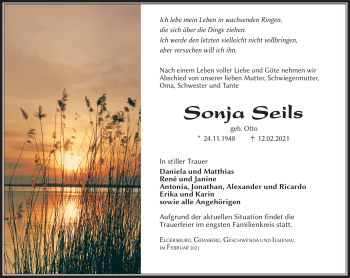 Traueranzeige von Sonja Seils von Südthüringer Presse