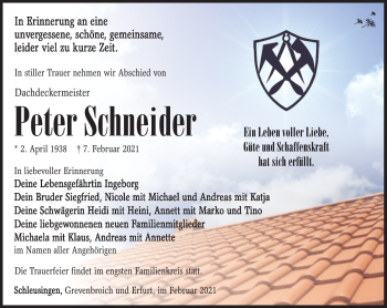 Traueranzeige von Peter Schneider von Südthüringer Presse