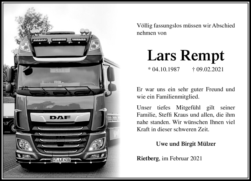  Traueranzeige für Lars Rempt vom 16.02.2021 aus Neue Presse Coburg