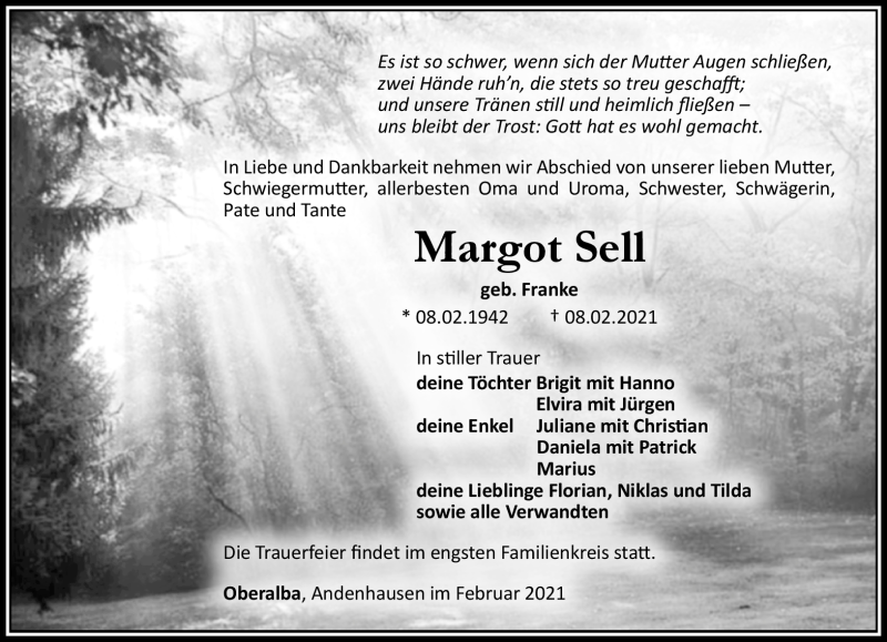  Traueranzeige für Margot Sell vom 13.02.2021 aus Südthüringer Presse