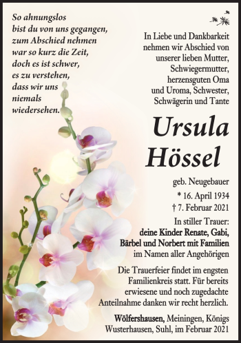 Traueranzeige von Ursula Hössel von Südthüringer Presse