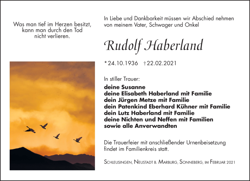  Traueranzeige für Rudolf Haberland vom 27.02.2021 aus Südthüringer Presse