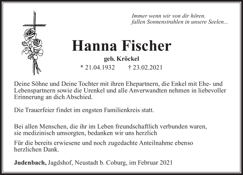  Traueranzeige für Hanna Fischer vom 27.02.2021 aus Südthüringer Presse