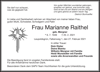 Traueranzeige von Marianne Raithel von Frankenpost