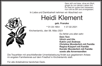 Traueranzeige von Heidi Klement von Frankenpost