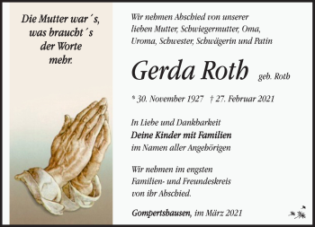 Traueranzeige von Gerda Roth von Südthüringer Presse