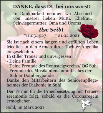Traueranzeige von Ilse Seibt von Südthüringer Presse
