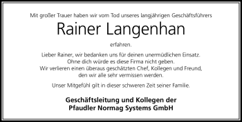 Traueranzeige von Rainer Langenhan von Südthüringer Presse