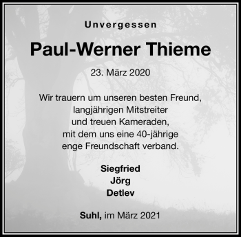 Traueranzeige von Paul-Werner Thieme von Südthüringer Presse