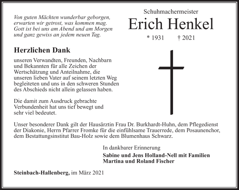  Traueranzeige für Erich Henkel vom 13.03.2021 aus Südthüringer Presse