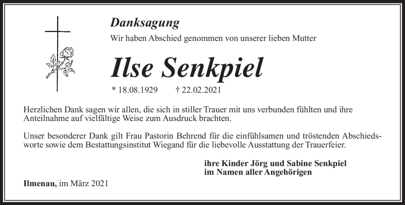  Traueranzeige für Ilse Senkpiel vom 27.03.2021 aus Südthüringer Presse