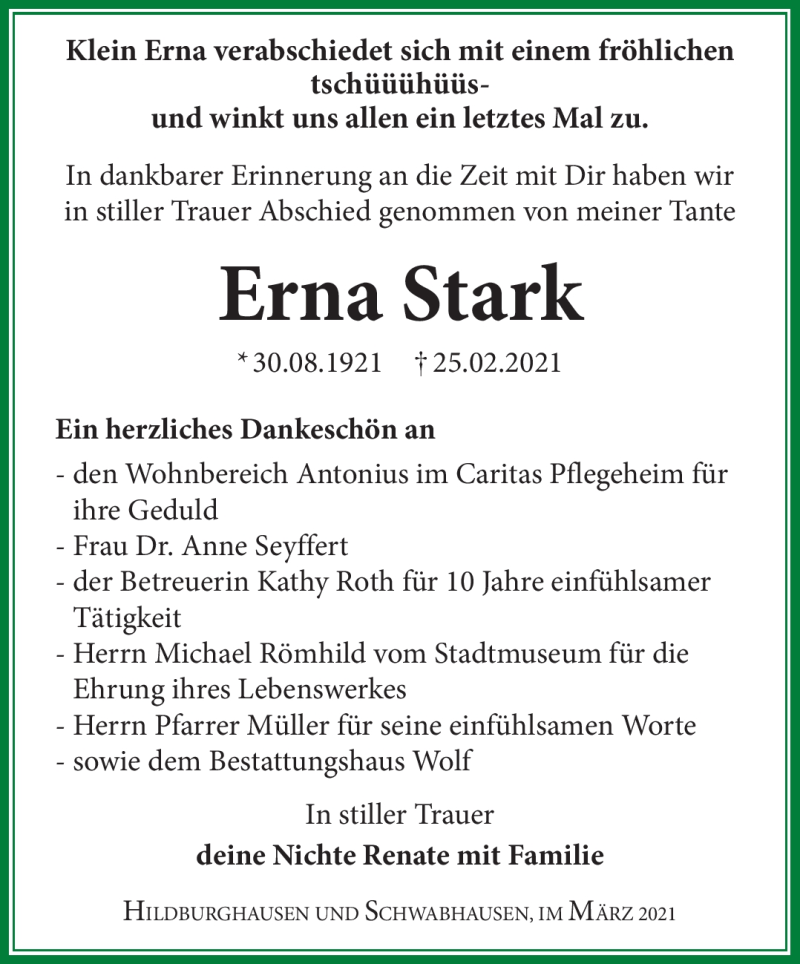  Traueranzeige für Erna Stark vom 20.03.2021 aus Südthüringer Presse