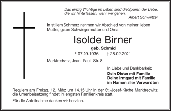 Traueranzeige von Isolde Birner von Frankenpost
