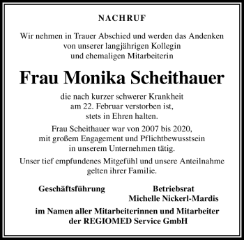 Traueranzeige von Monika Scheithauer von Neue Presse Coburg