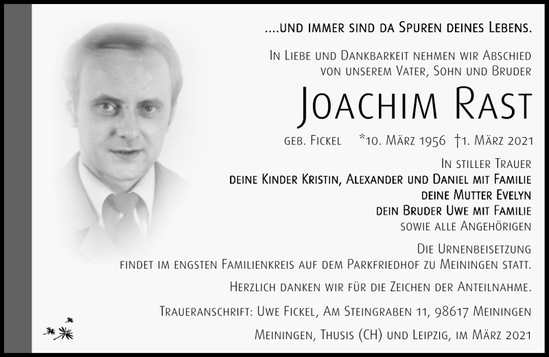  Traueranzeige für Joachim Rast vom 20.03.2021 aus Südthüringer Presse
