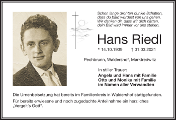 Traueranzeige von Hans Riedl von Frankenpost